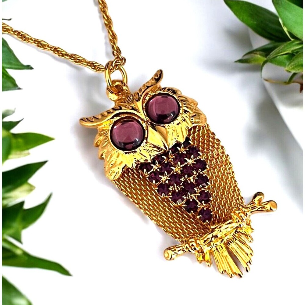 Vintage 1970s Owl Pendant Necklace Purple Crystals Gold Plated Figural - 7V